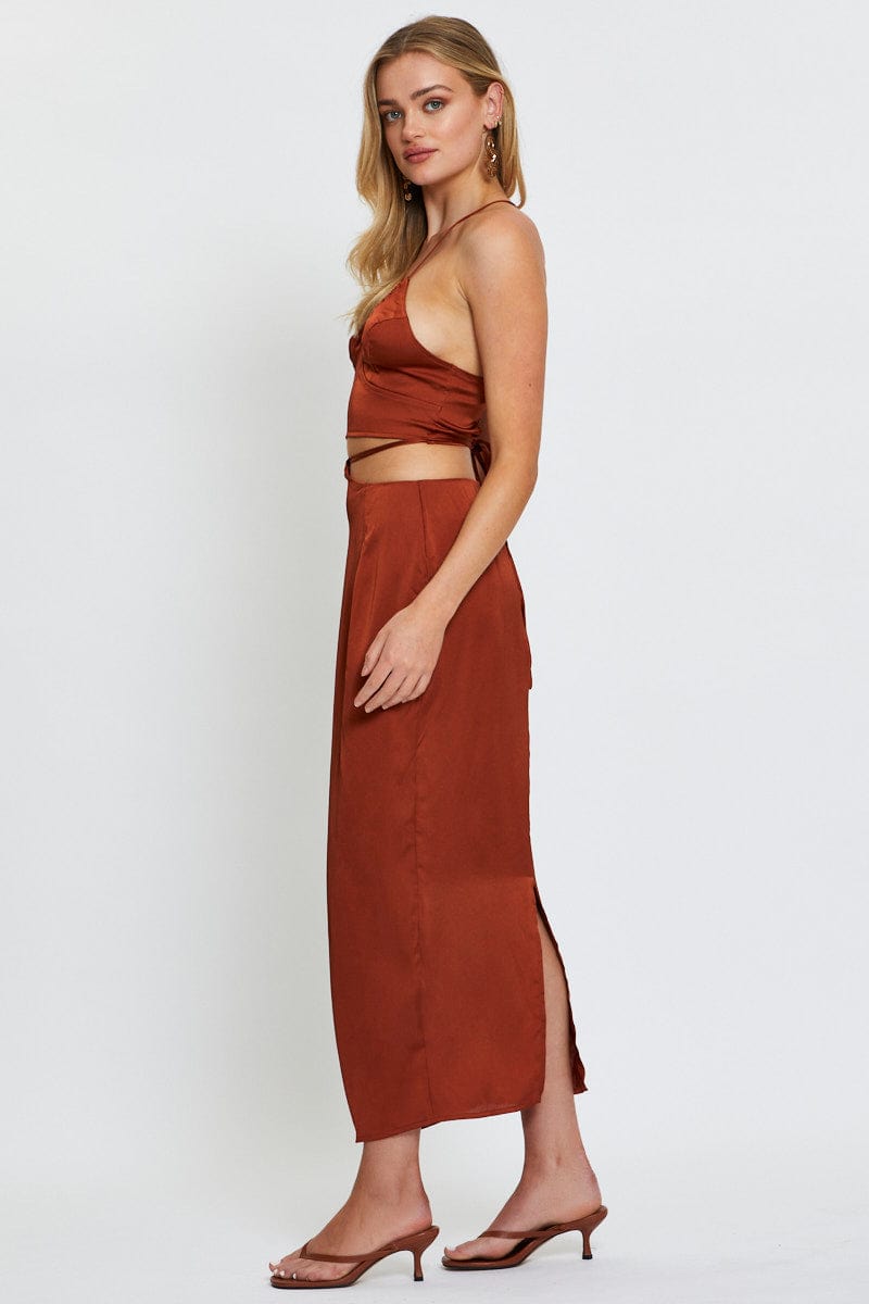 MIDI PENCIL Camel Slip Skirt Maxi Satin for Women by Ally