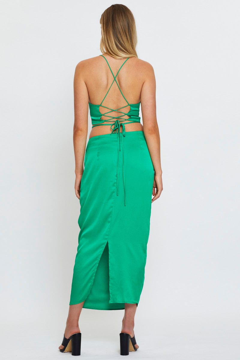 Backless Emerald Slip Skirt Women's Green Slip Skirt Maxi Satin