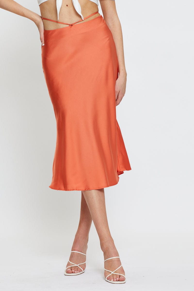 MIDI PENCIL Orange Sarin Waist Tie Slip Midi Skirt for Women by Ally