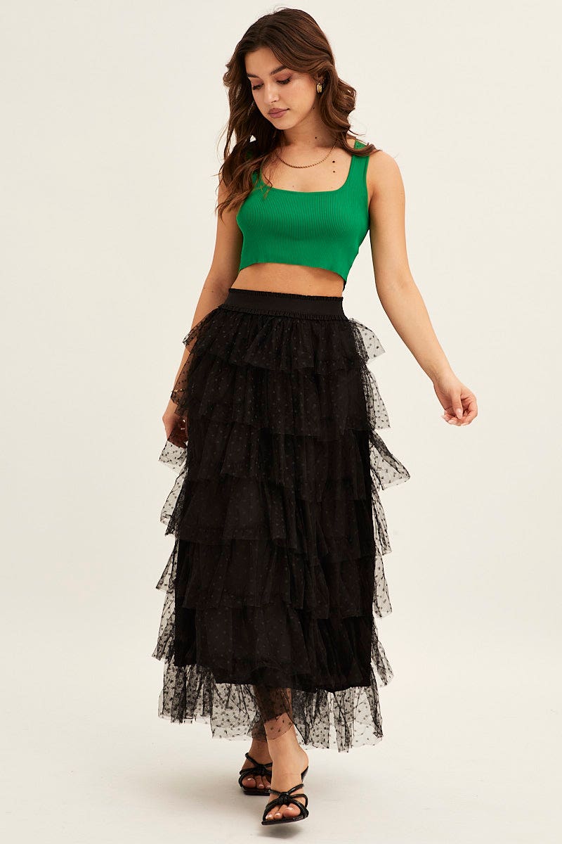Women's Black Midi Skirt Tulle Elastic Waist Mesh Ally Fashion