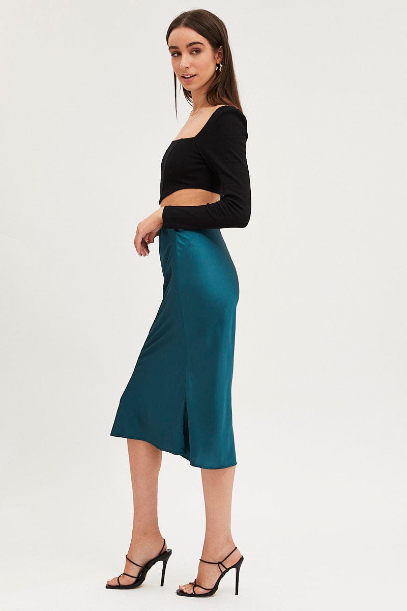 Women's Blue Slip Skirt Midi Satin Ally Fashion