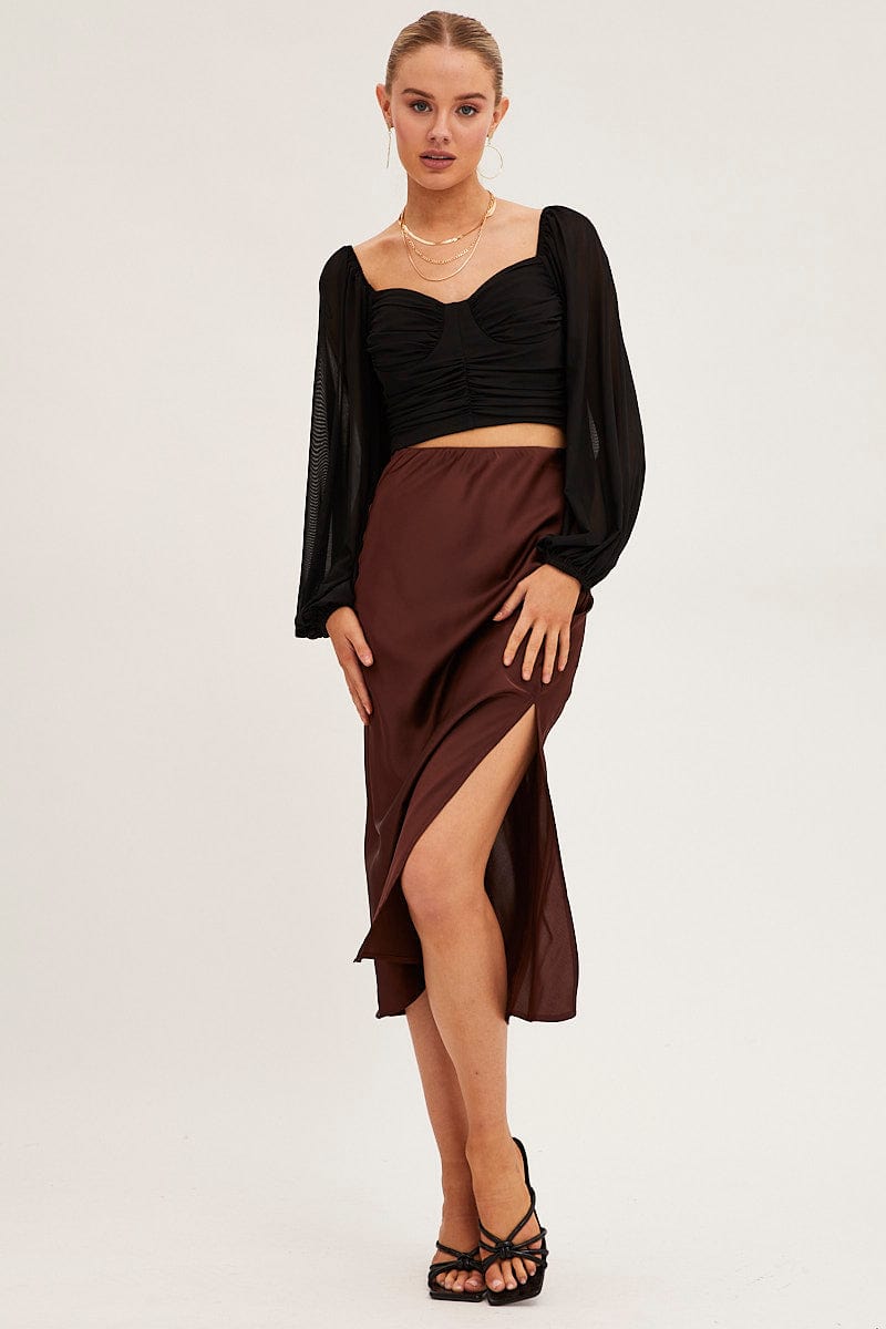 MIDI SKIRT Brown Slip Skirt Midi Front Split Satin for Women by Ally