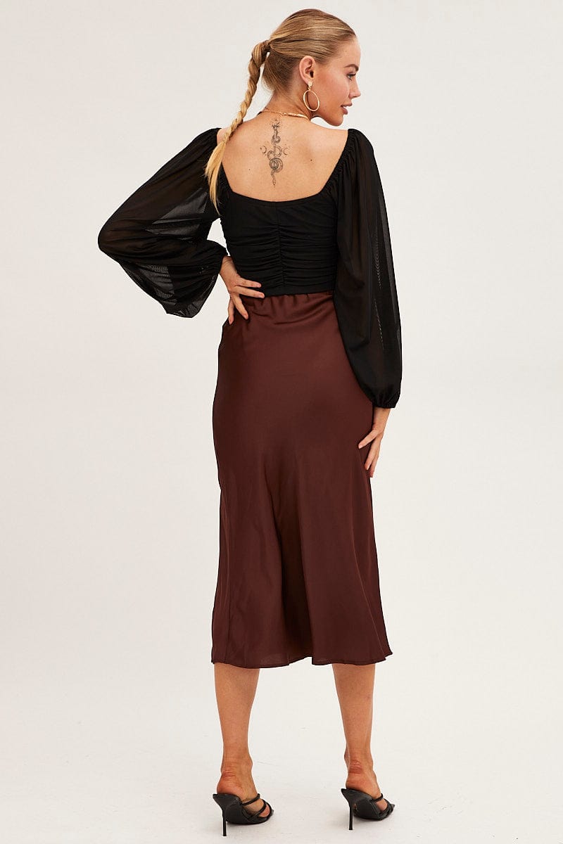 MIDI SKIRT Brown Slip Skirt Midi Front Split Satin for Women by Ally