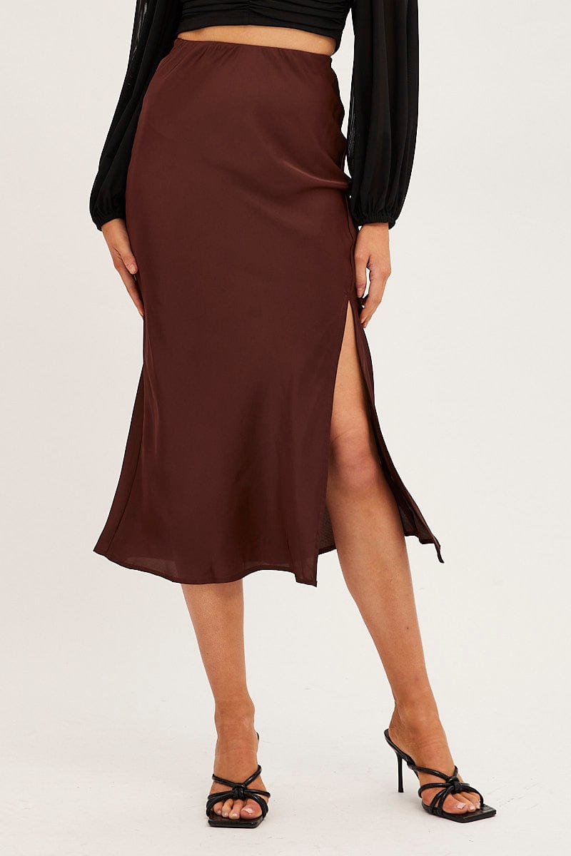 Skirt Split Slip Womens Brown Slip Skirt Midi Front Split Satin Ally