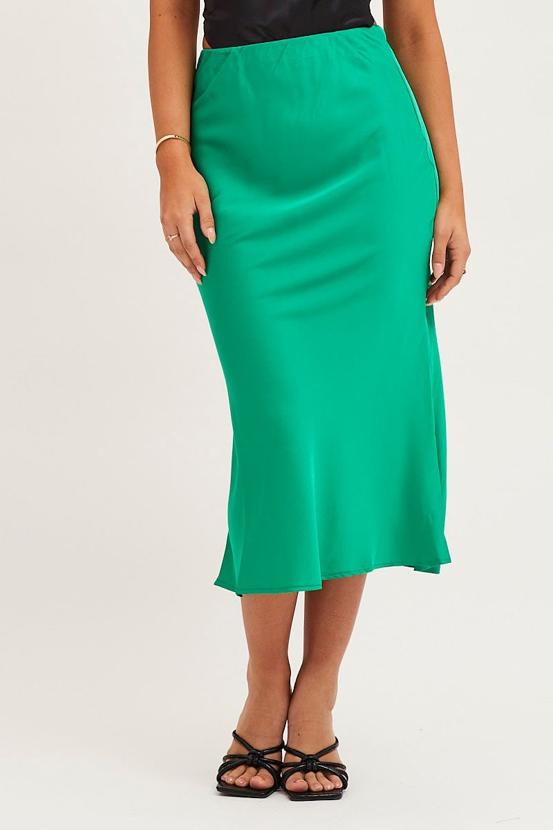MIDI SKIRT Green Satin Slip Midi Skirt for Women by Ally