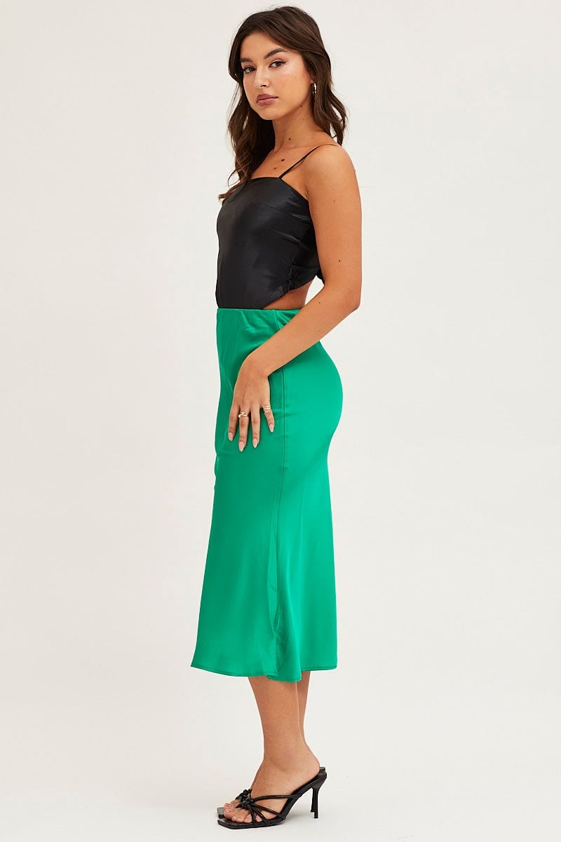 MIDI SKIRT Green Satin Slip Midi Skirt for Women by Ally