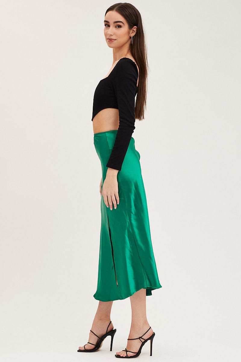 MIDI SKIRT Green Slip Skirt Front Split Satin for Women by Ally