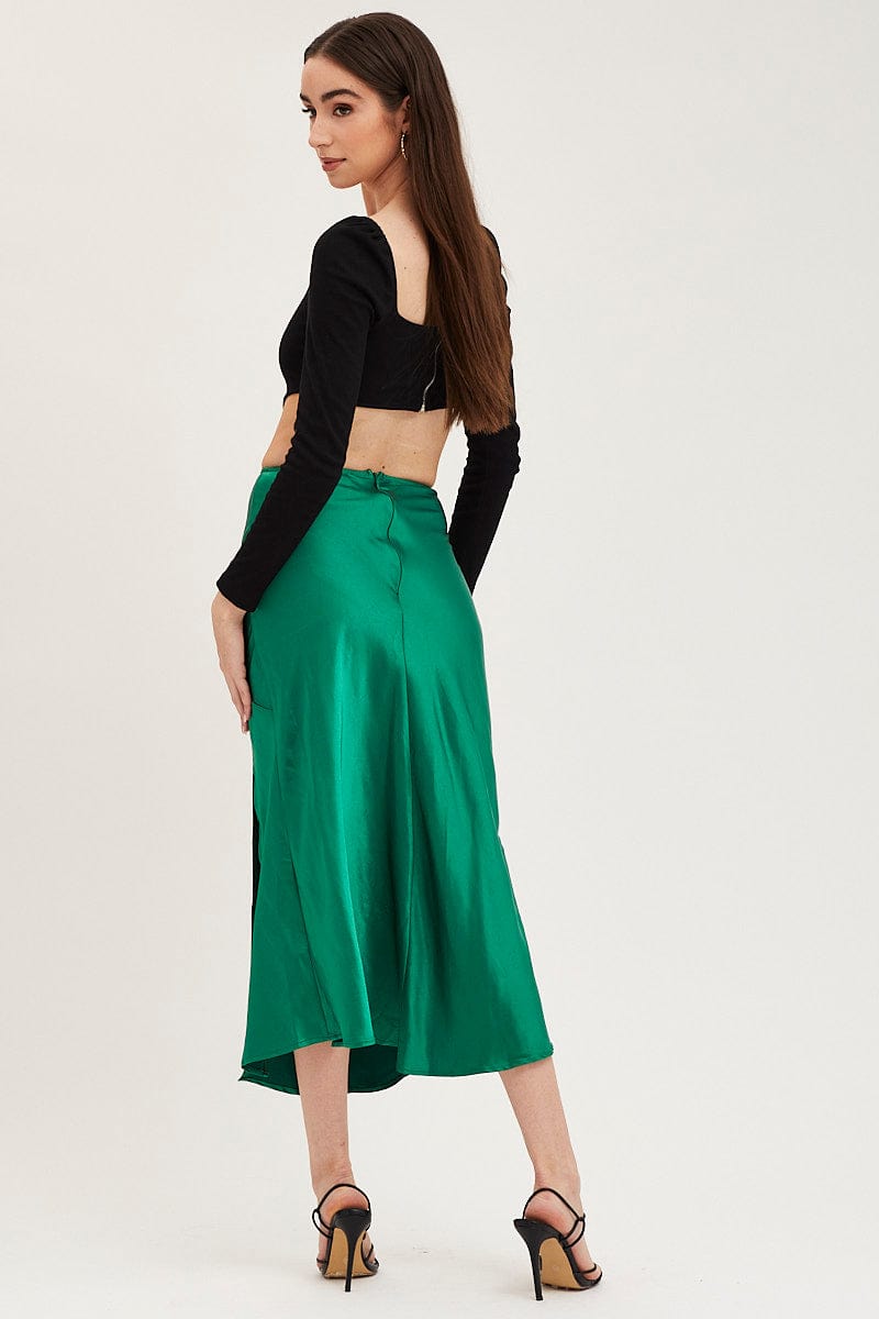 MIDI SKIRT Green Slip Skirt Front Split Satin for Women by Ally