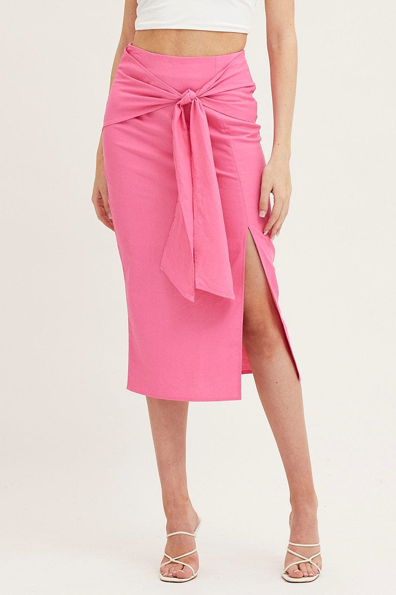 MIDI SKIRT Pink Front Tie Midi Skirt for Women by Ally