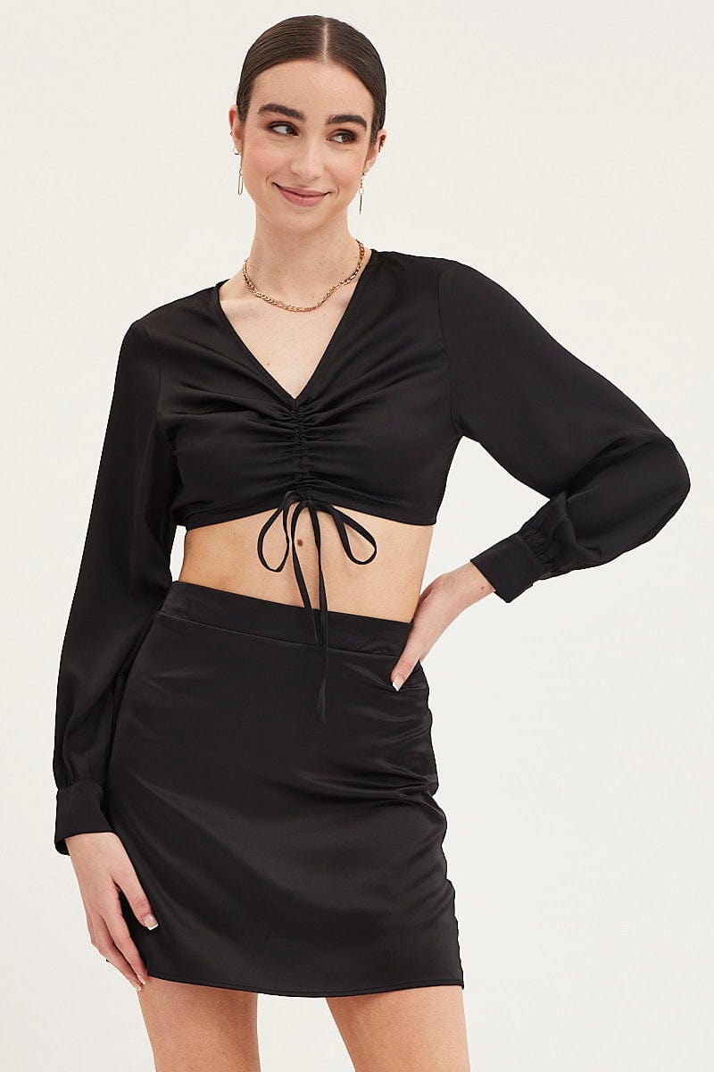 MINI SKIRT Black Mini Skirt High Rise Satin for Women by Ally