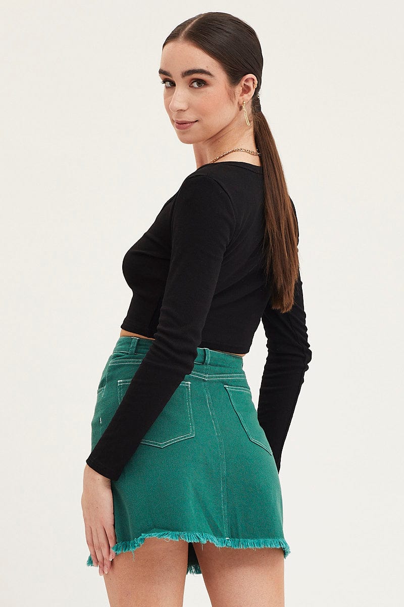MINI SKIRT Green Mini Skirt High Rise Fray Hem for Women by Ally
