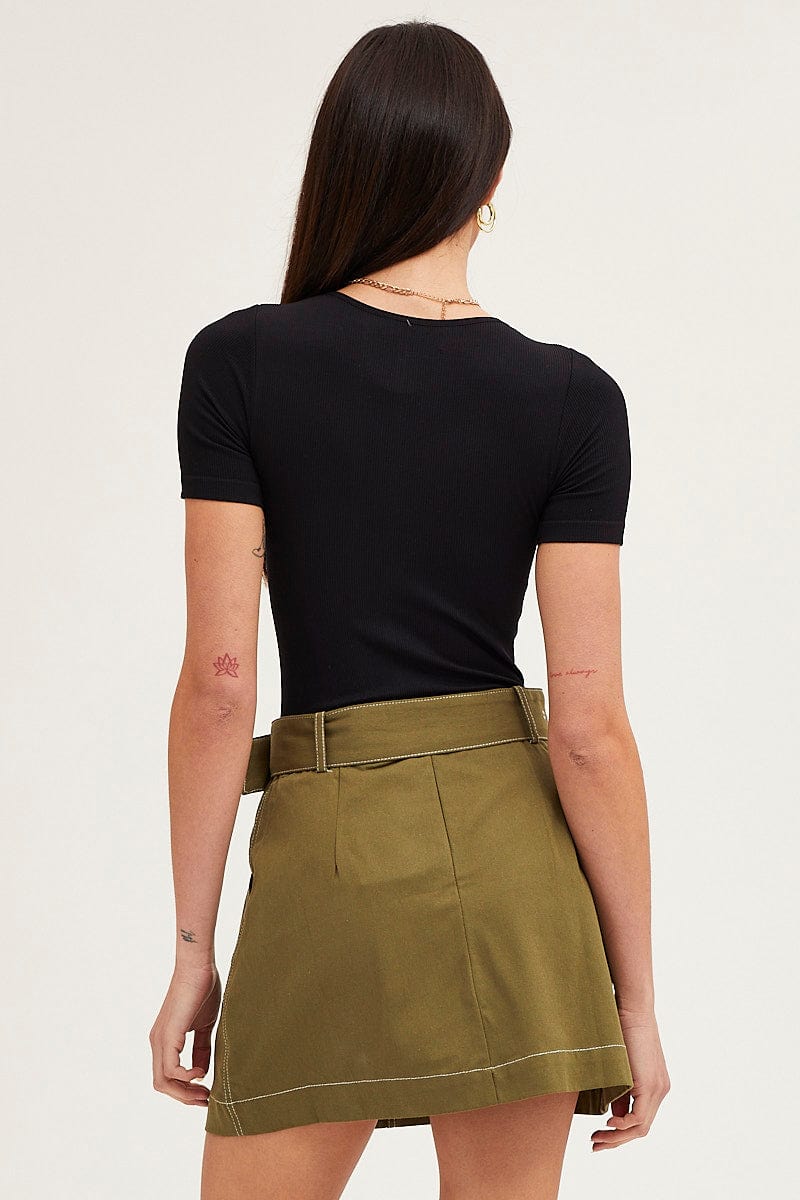 MINI SKIRT Green Mini Skirt High Waisted Contrast Belted Utility for Women by Ally