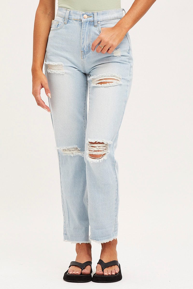 MR BOYFRIEND JEAN Blue Boyfriend Denim Jeans Mid Rise for Women by Ally