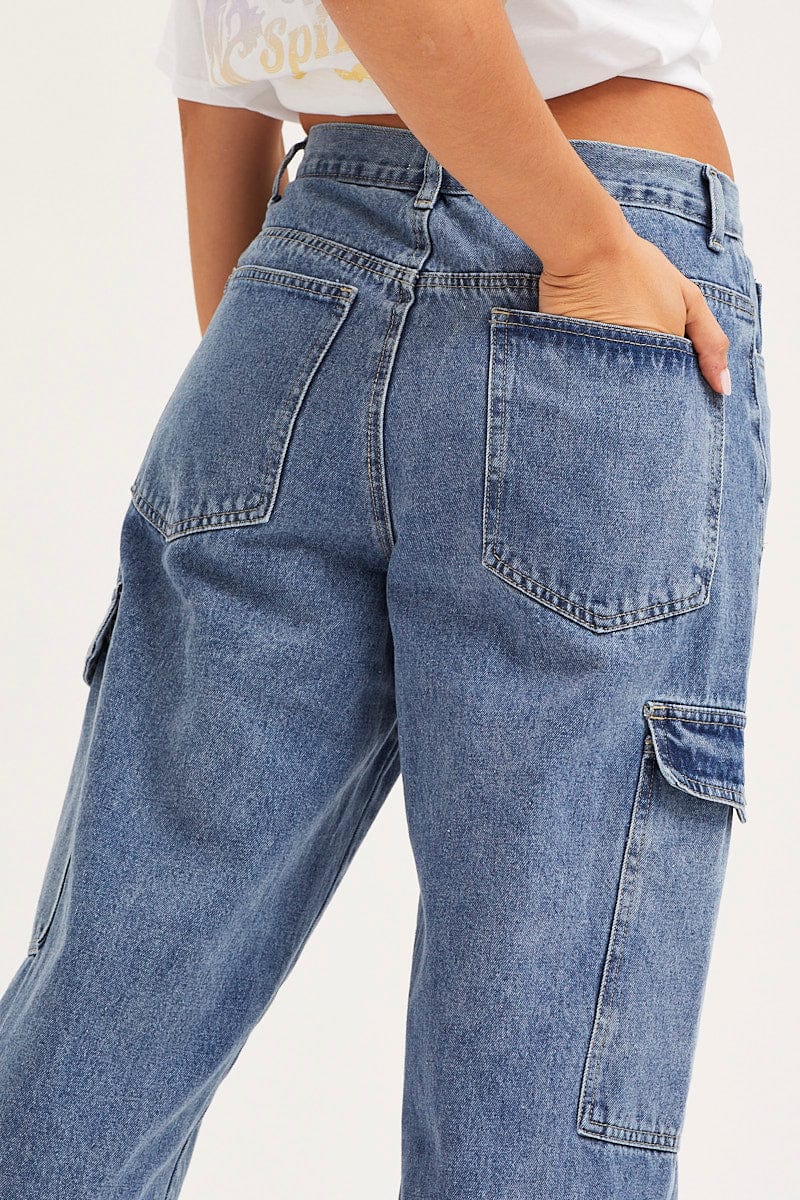 Women’s Blue Unisex Cargo Denim Jeans Mid Rise | Ally Fashion