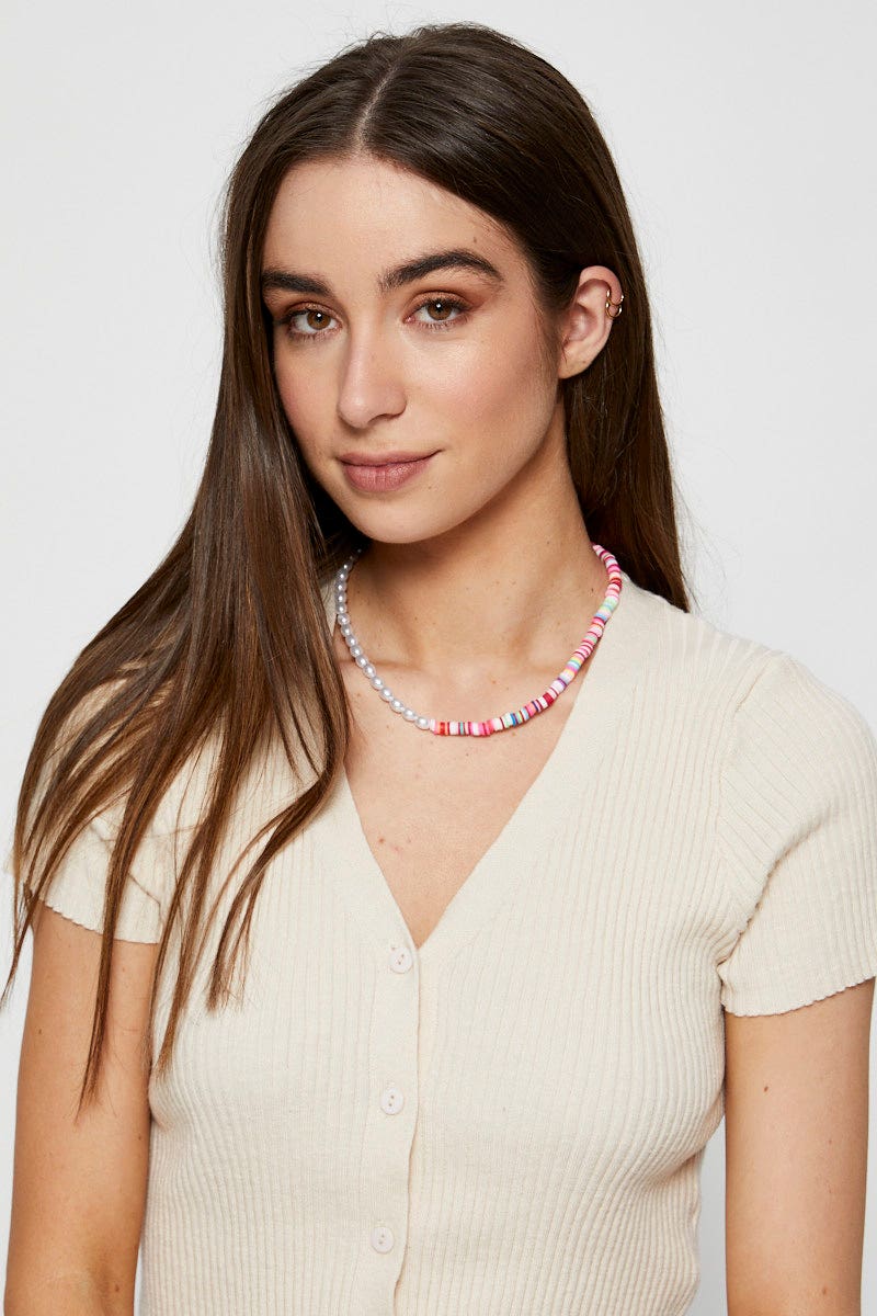 NECKLACE Multi Multicoloured T-Bar And Pearl Necklace for Women by Ally