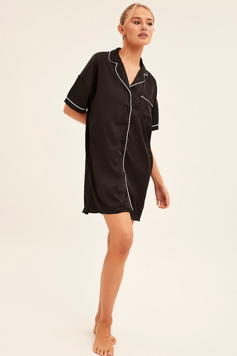 NIGHTIE Black Nightgown Short Sleeve Collared Mini Satin for Women by Ally