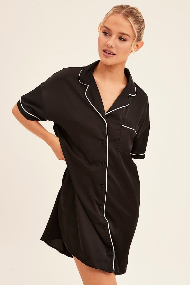 NIGHTIE Black Nightgown Short Sleeve Collared Mini Satin for Women by Ally