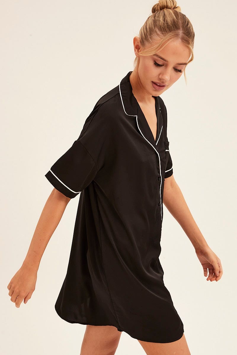 NIGHTIE Black Nightgown Short Sleeve Collared Mini Satin for Women by Ally