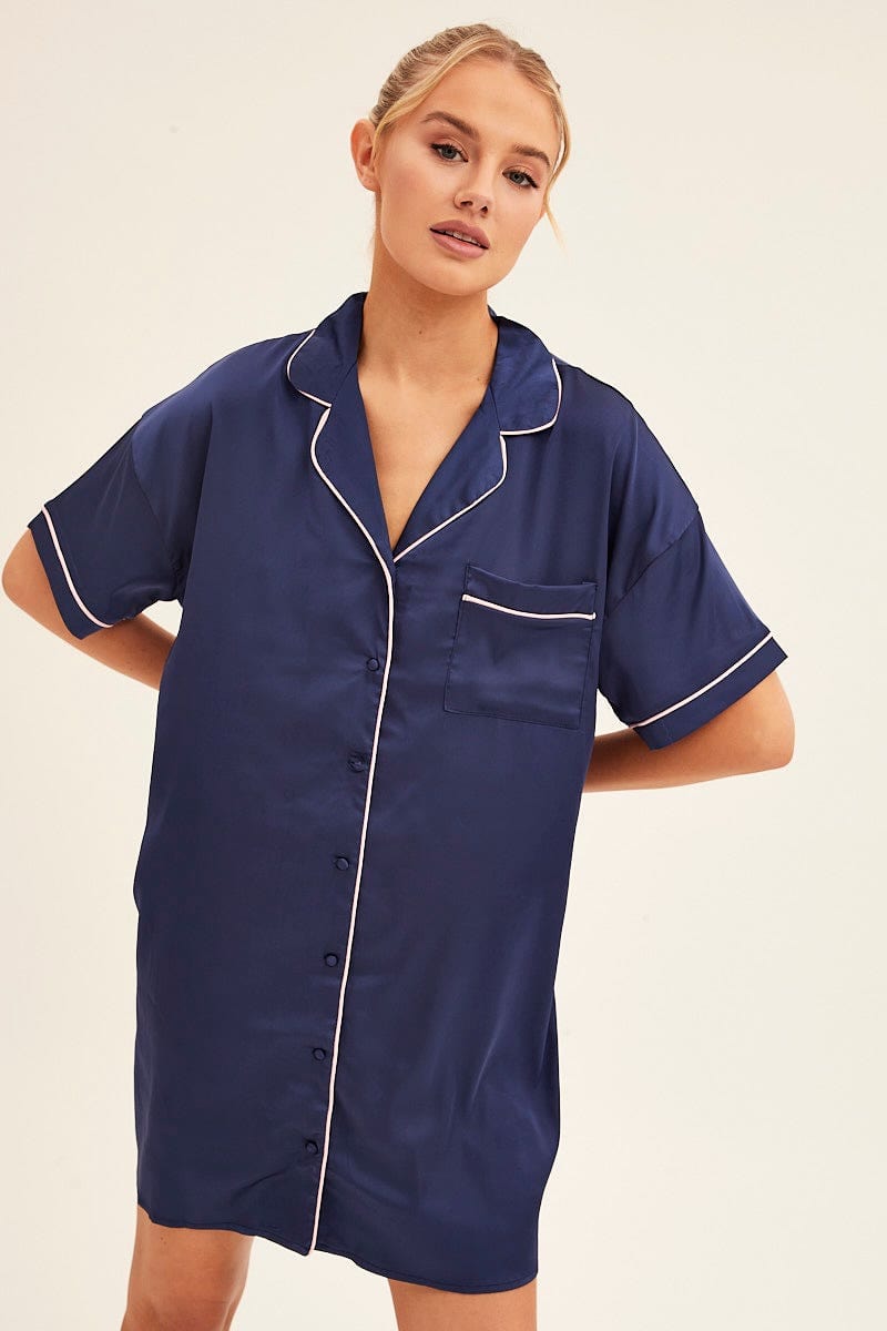 NIGHTIE Blue Nightgown Short Sleeve Collared Mini Satin for Women by Ally