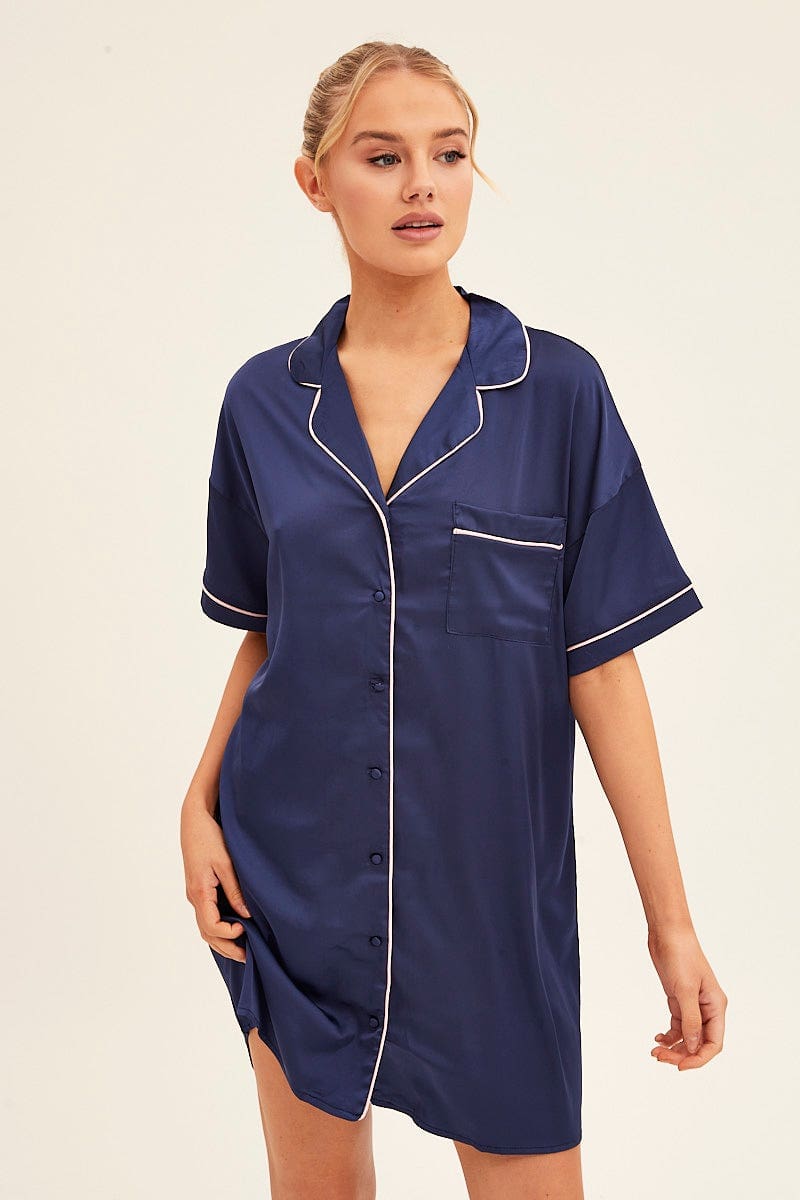 NIGHTIE Blue Nightgown Short Sleeve Collared Mini Satin for Women by Ally