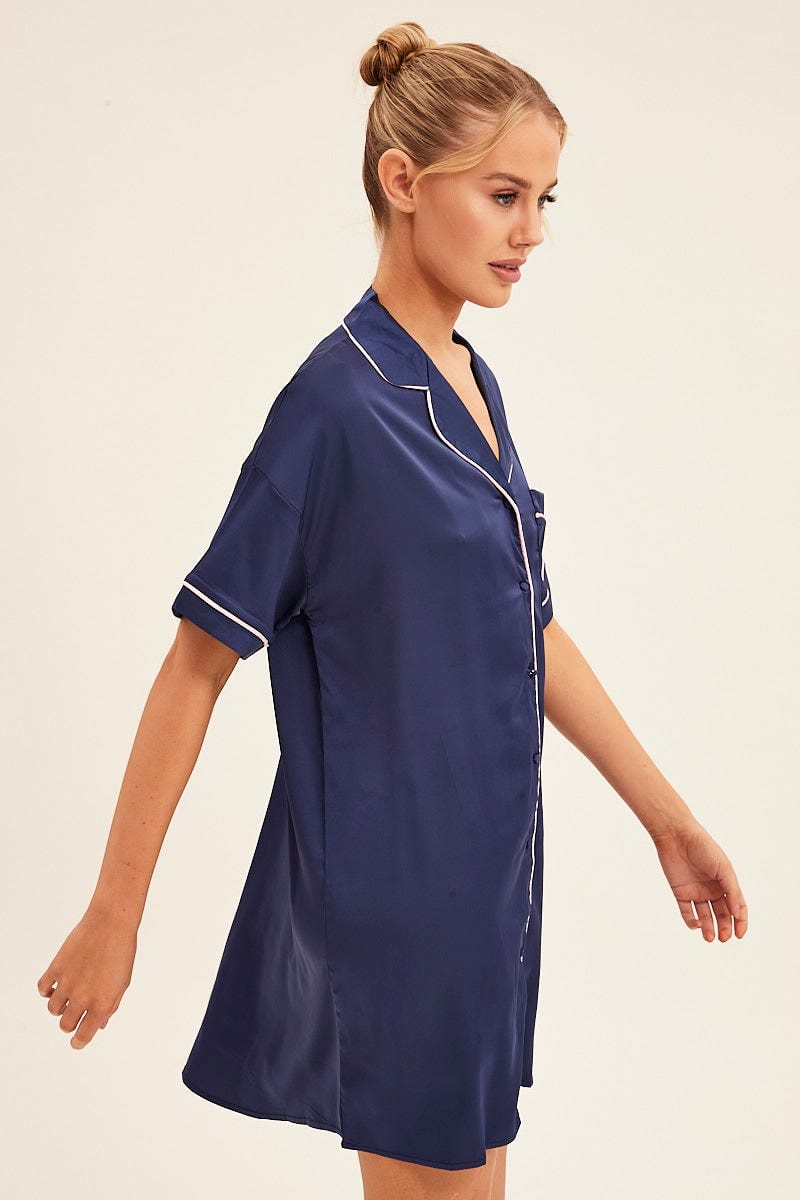 NIGHTIE Blue Nightgown Short Sleeve Collared Mini Satin for Women by Ally