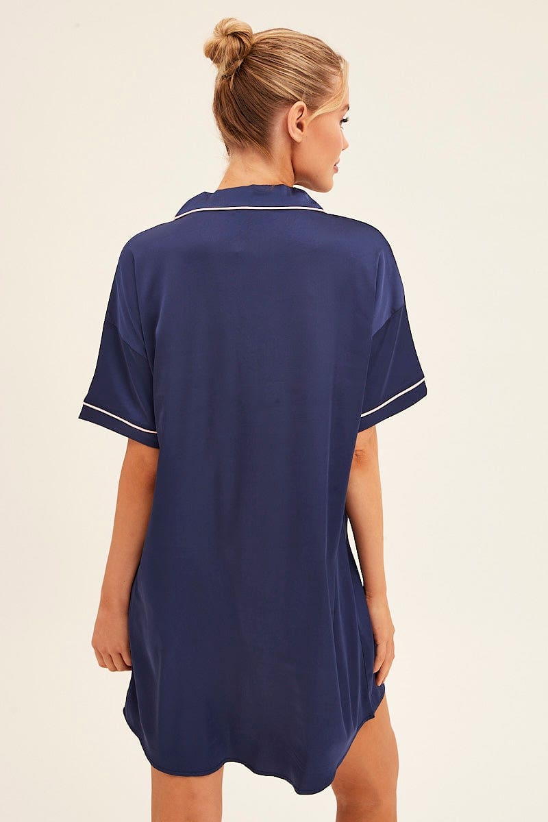 NIGHTIE Blue Nightgown Short Sleeve Collared Mini Satin for Women by Ally