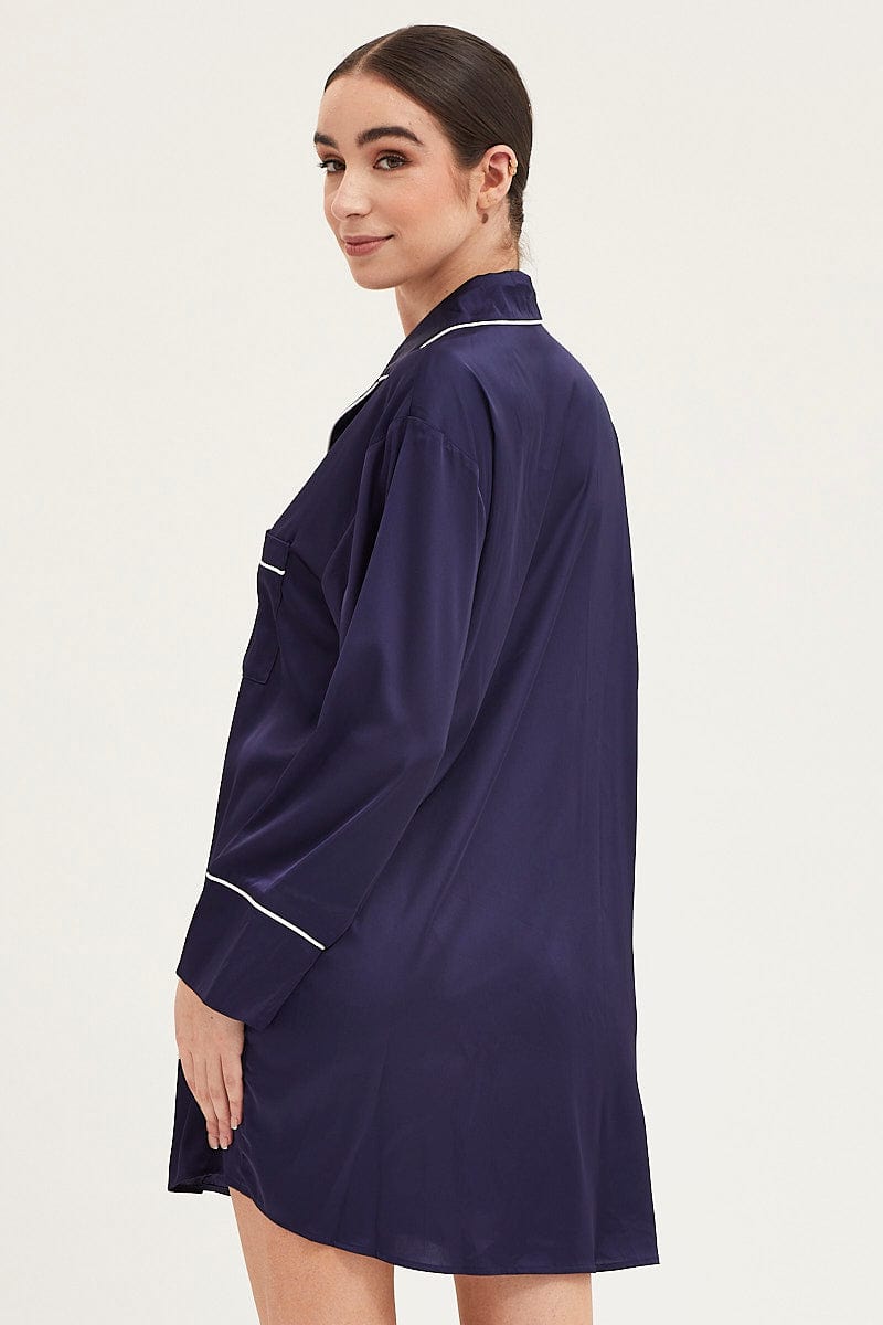 NIGHTIE Blue Satin Pajamas Long Sleeve for Women by Ally