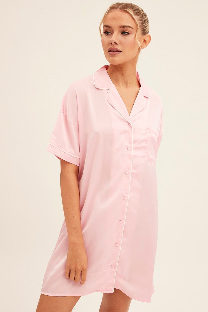 NIGHTIE Pink Nightgown Short Sleeve Collared Mini Satin for Women by Ally