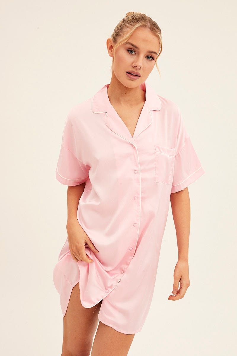 NIGHTIE Pink Nightgown Short Sleeve Collared Mini Satin for Women by Ally