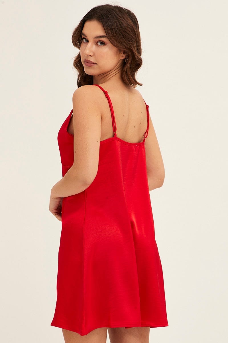 NIGHTIE Red Satin Slip Sleeveless V-Neck Nightgown for Women by Ally