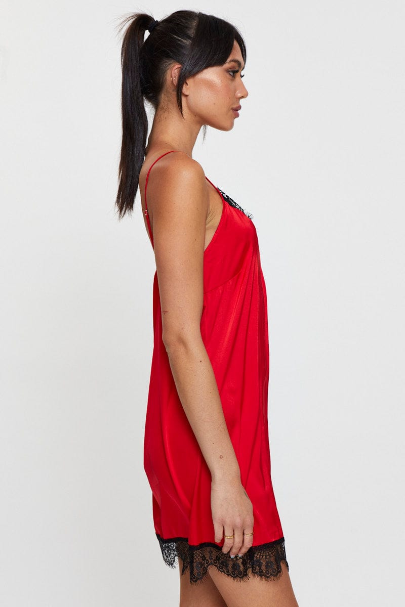 NIGHTIES Red Satin Nightie Sleeveless for Women by Ally