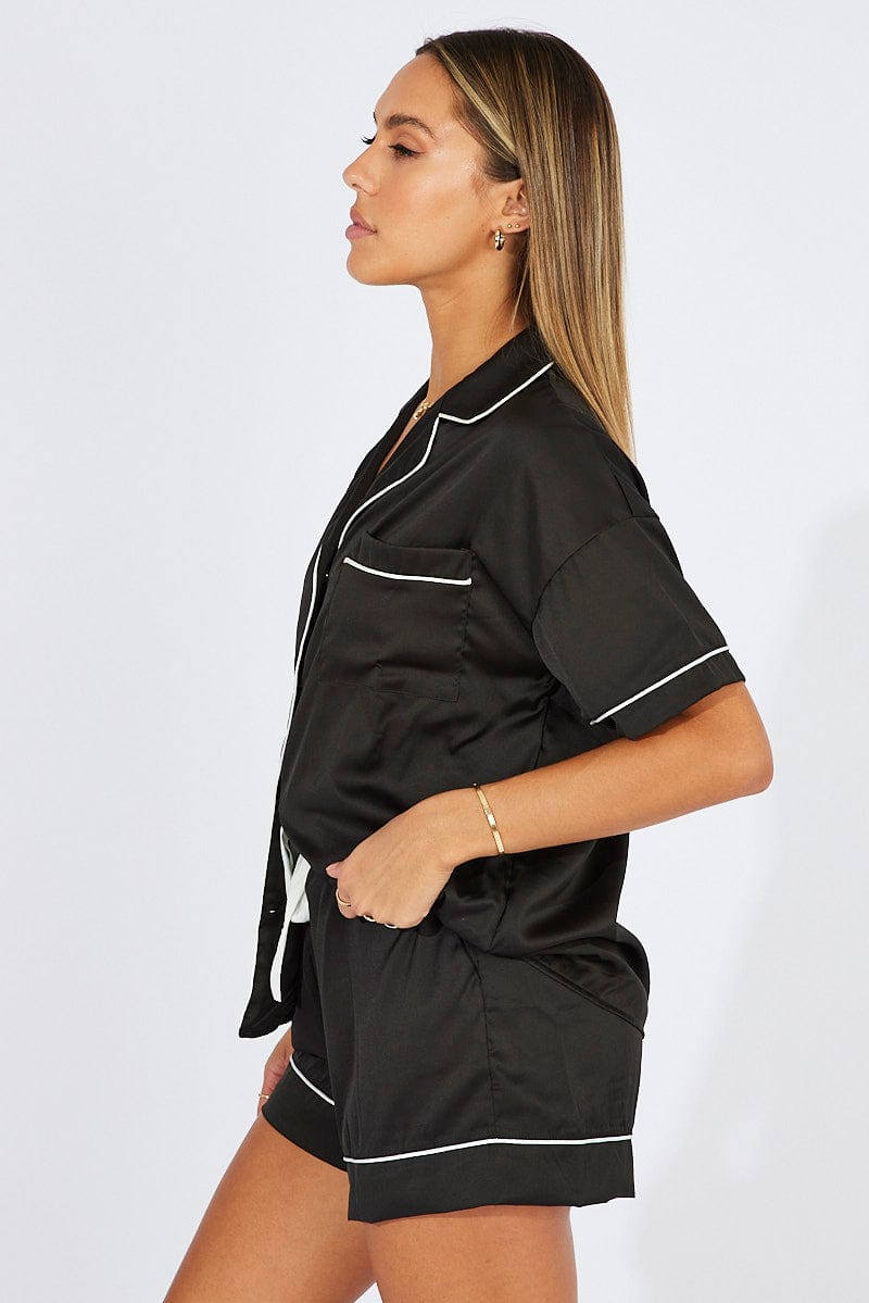 Black Satin Pajamas Set Short Sleeve for Ally Fashion