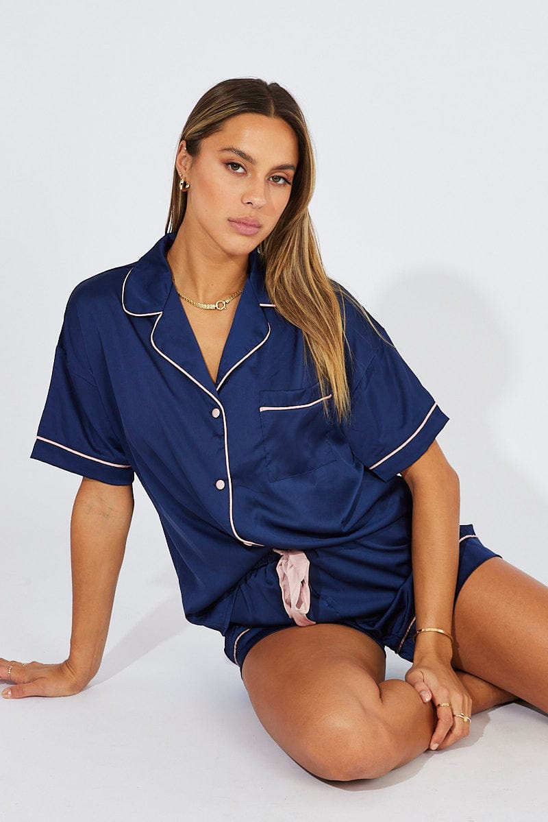 Blue Satin Pajamas Set Short Sleeve for Ally Fashion