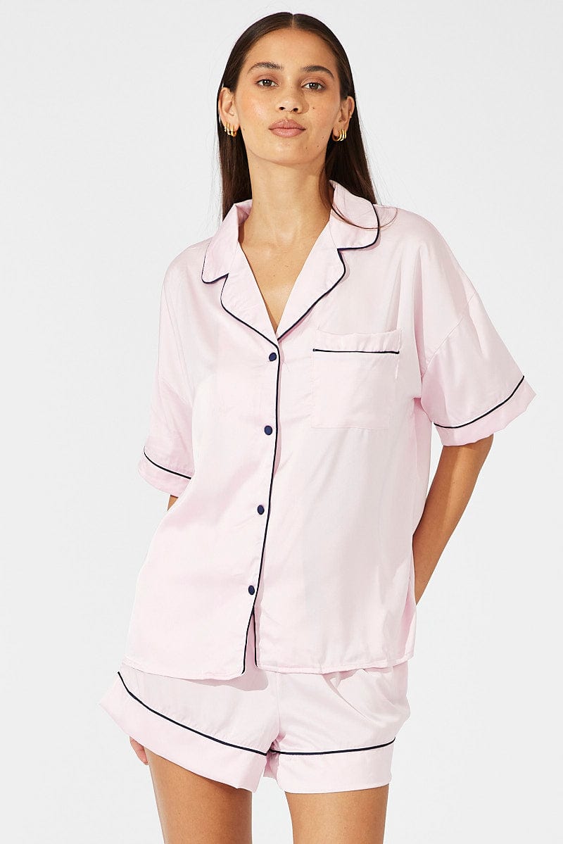 Pink Satin Pajamas Set Short Sleeve | Ally Fashion