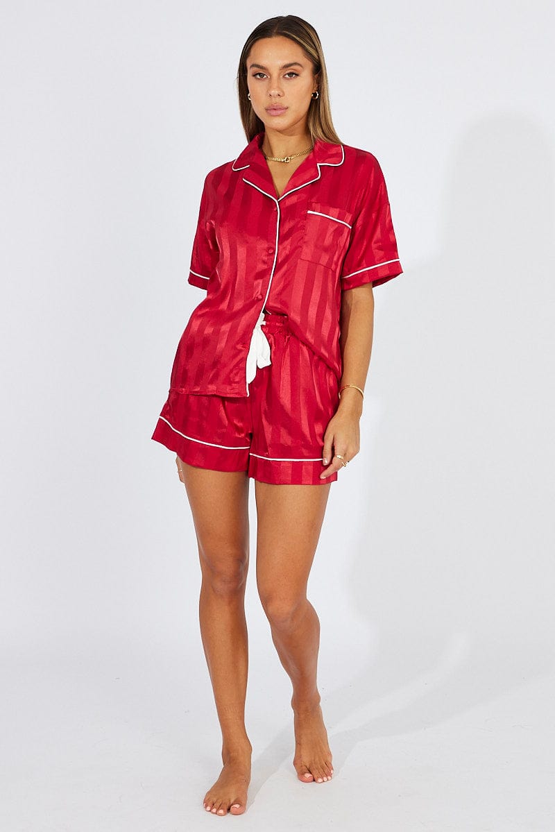 Red Stripe Satin Pajamas Set Short Sleeve for Ally Fashion