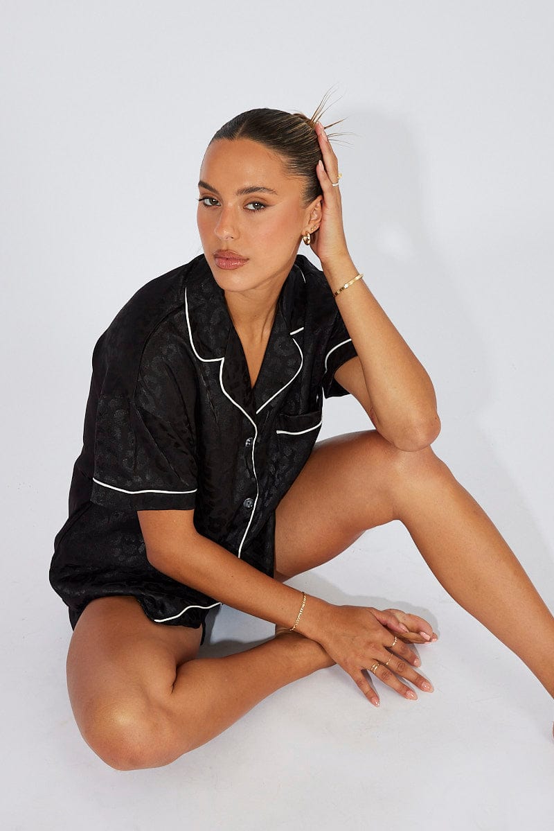 Black Animal Print Satin Pajamas Set Short Sleeve for Ally Fashion