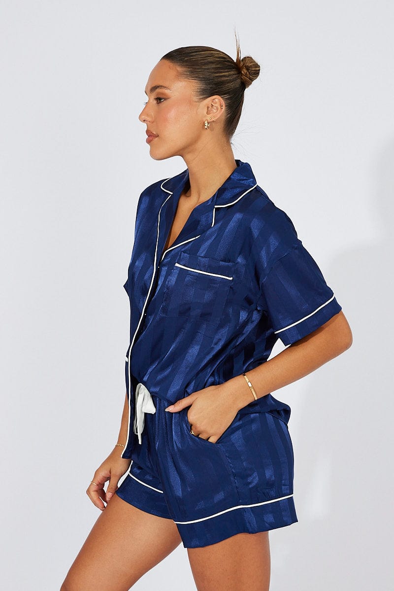 Blue Stripe Satin Pajamas Set Short Sleeve for Ally Fashion