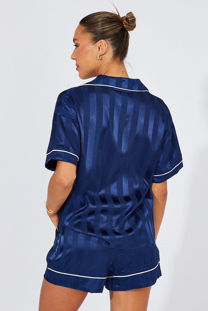 Blue Stripe Satin Pajamas Set Short Sleeve for Ally Fashion