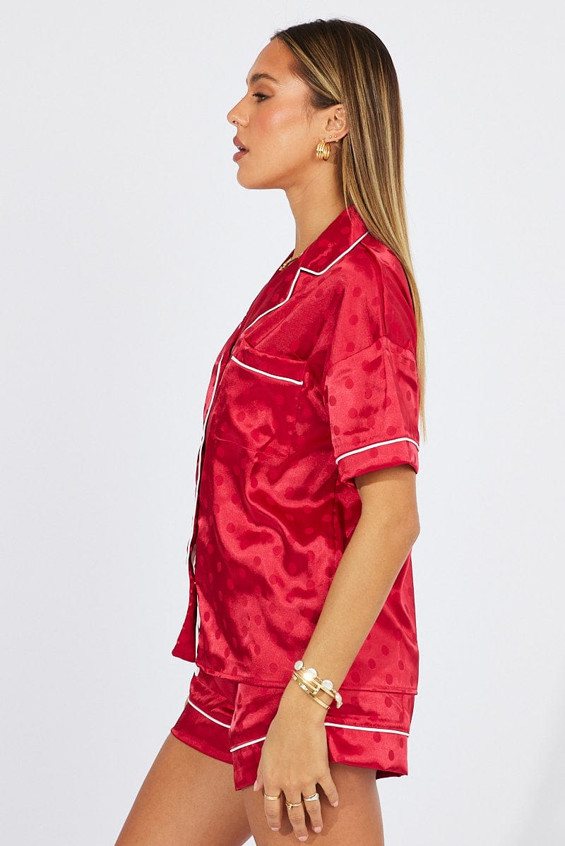 Red Polka Dot Satin Pajamas Set Short Sleeve for Ally Fashion