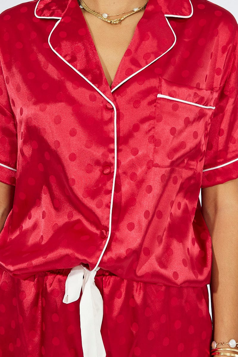 Red Polka Dot Satin Pajamas Set Short Sleeve for Ally Fashion