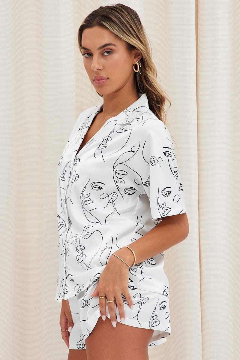 White Abstract Button Pyjama Abstract Print Satin Pj Set for Ally Fashion