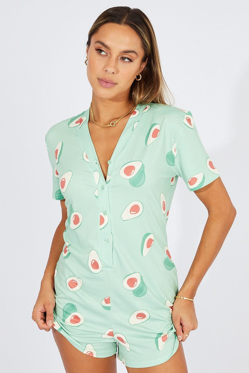 Green Print Avocado Romper Button Through Nightwear Onesie for Ally Fashion