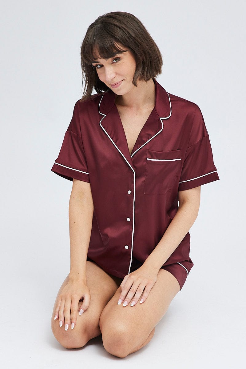 Brown Satin Pj Piping Button Through Pyjama Set for Ally Fashion