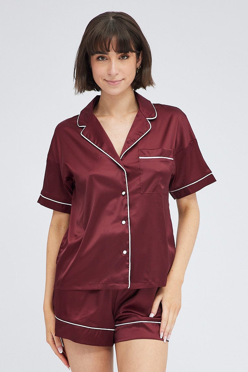 Brown Satin Pj Piping Button Through Pyjama Set for Ally Fashion