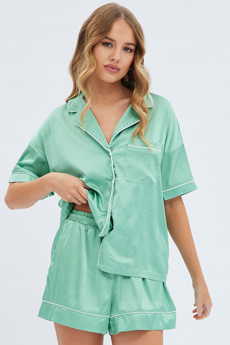 Green Satin Pj Piping Button Through Pyjama Set | Ally Fashion