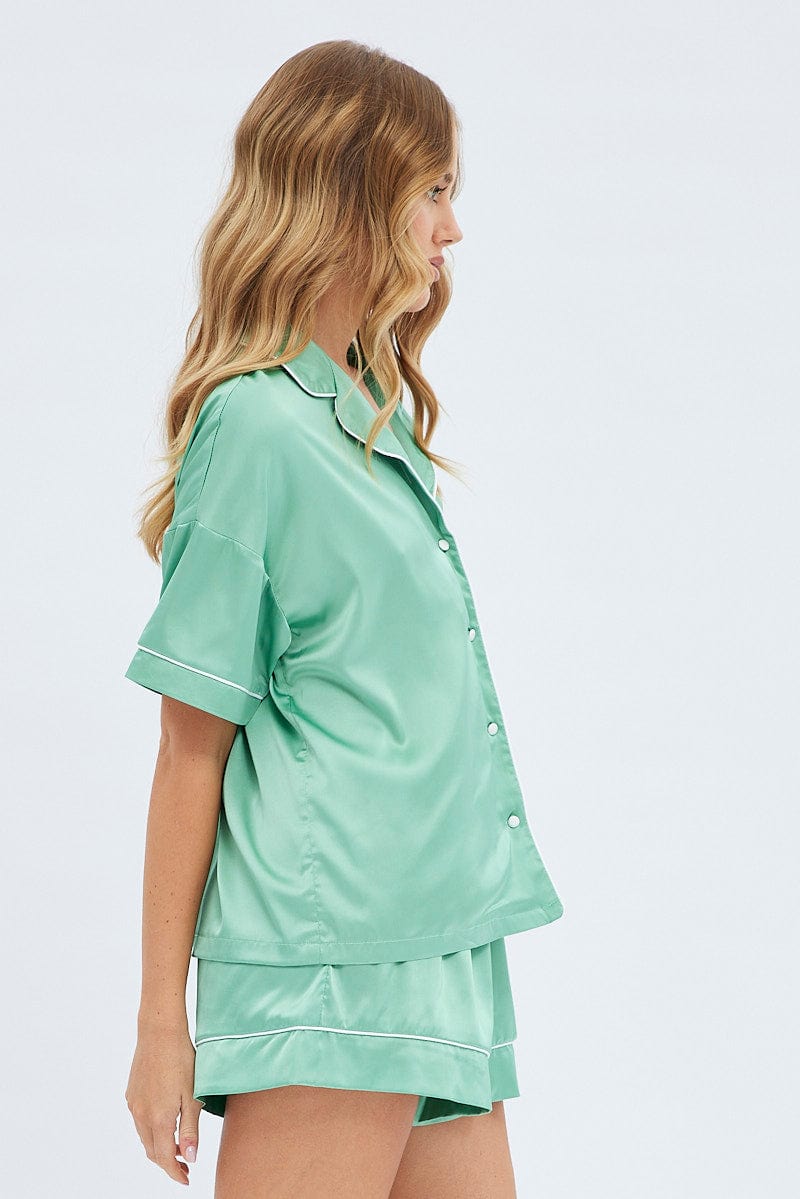 Green Satin Pj Piping Button Through Pyjama Set for Ally Fashion