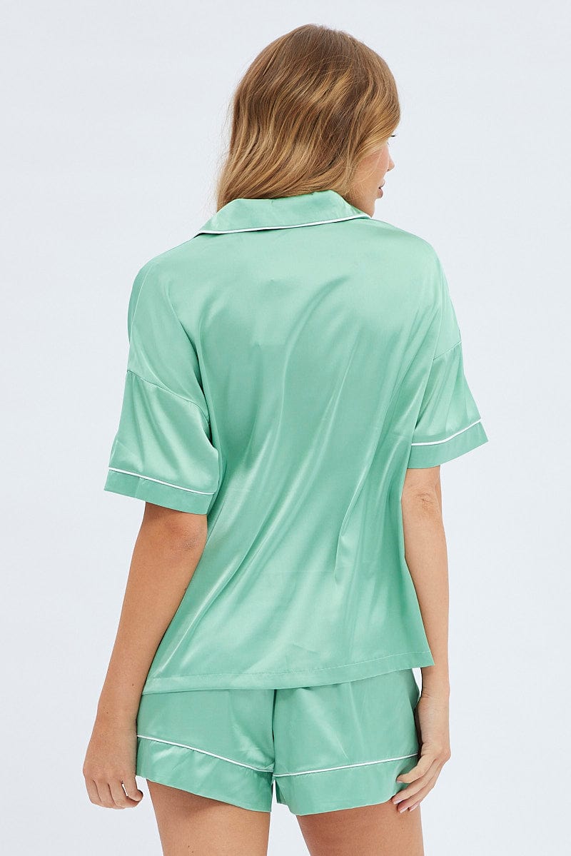 Green Satin Pj Piping Button Through Pyjama Set for Ally Fashion