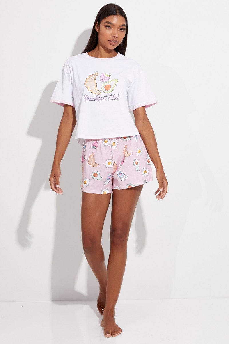 Pink Print Breakfast Pj Graphic Jersey Pyjama 2 Piece Set for Ally Fashion
