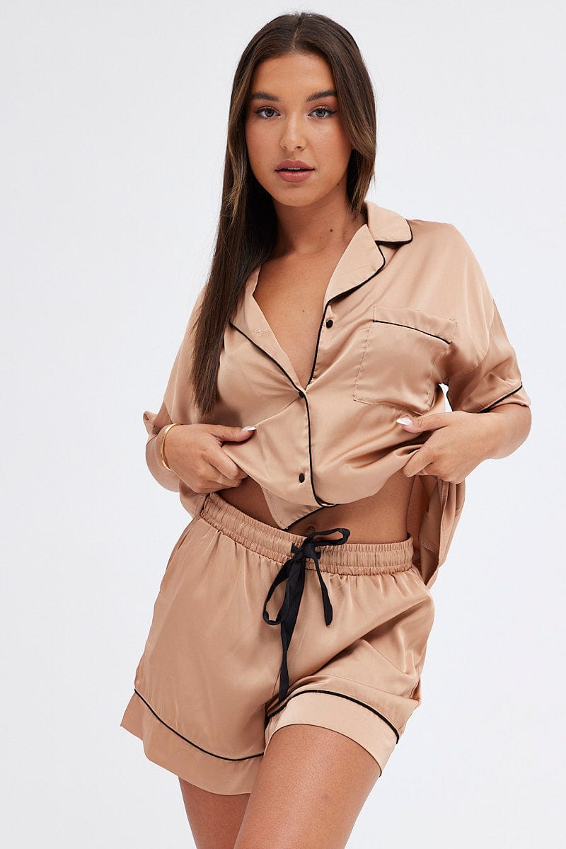 Brown Satin Pj Piping Button Through Pyjama Set for Ally Fashion