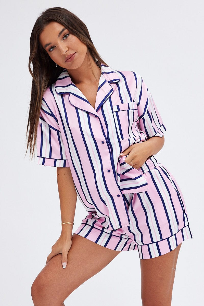 Multi Print Satin Pj Multi Stripe Piping Pyjama Set for Ally Fashion